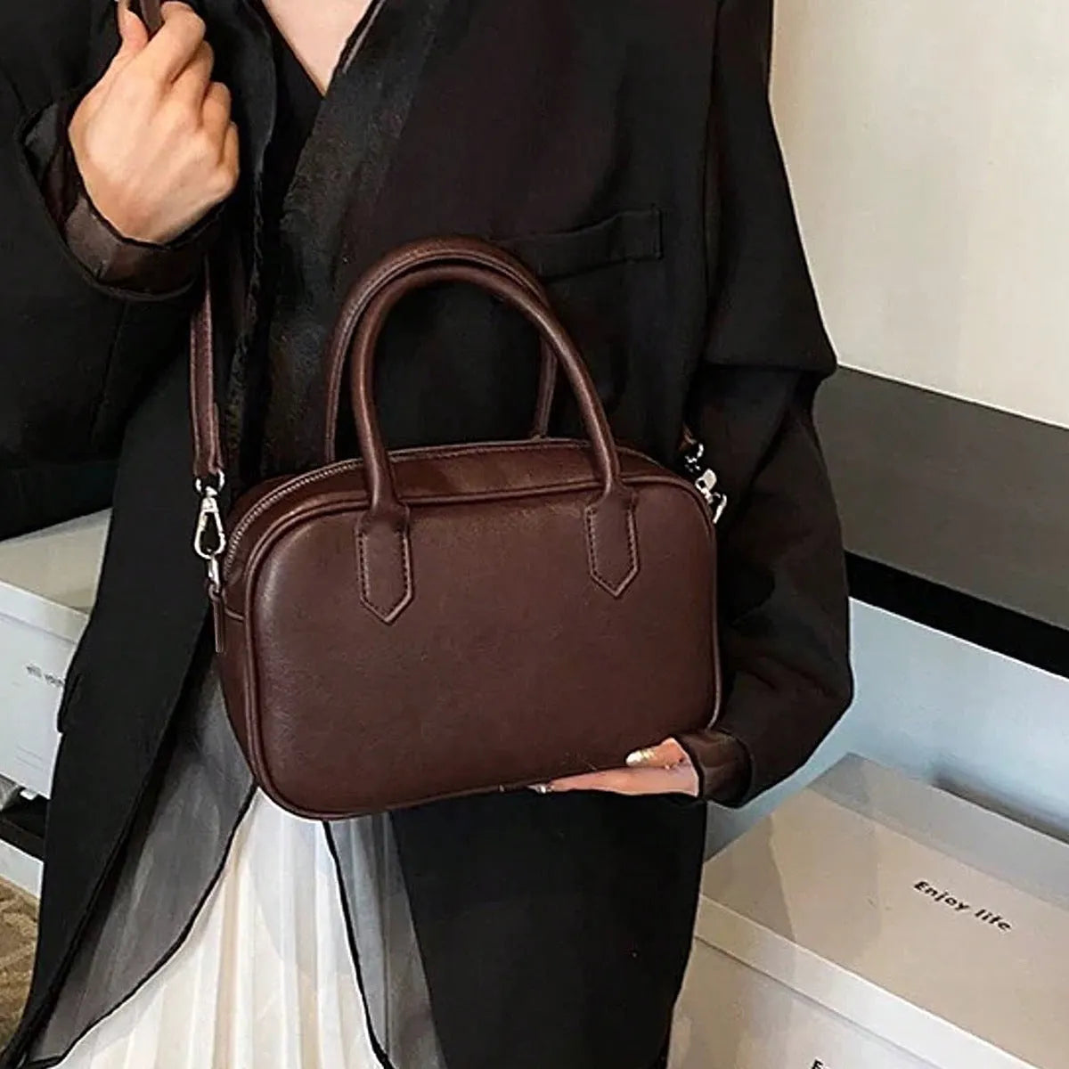 Retro style small square shoulder messenger bag in black PU leather with adjustable strap