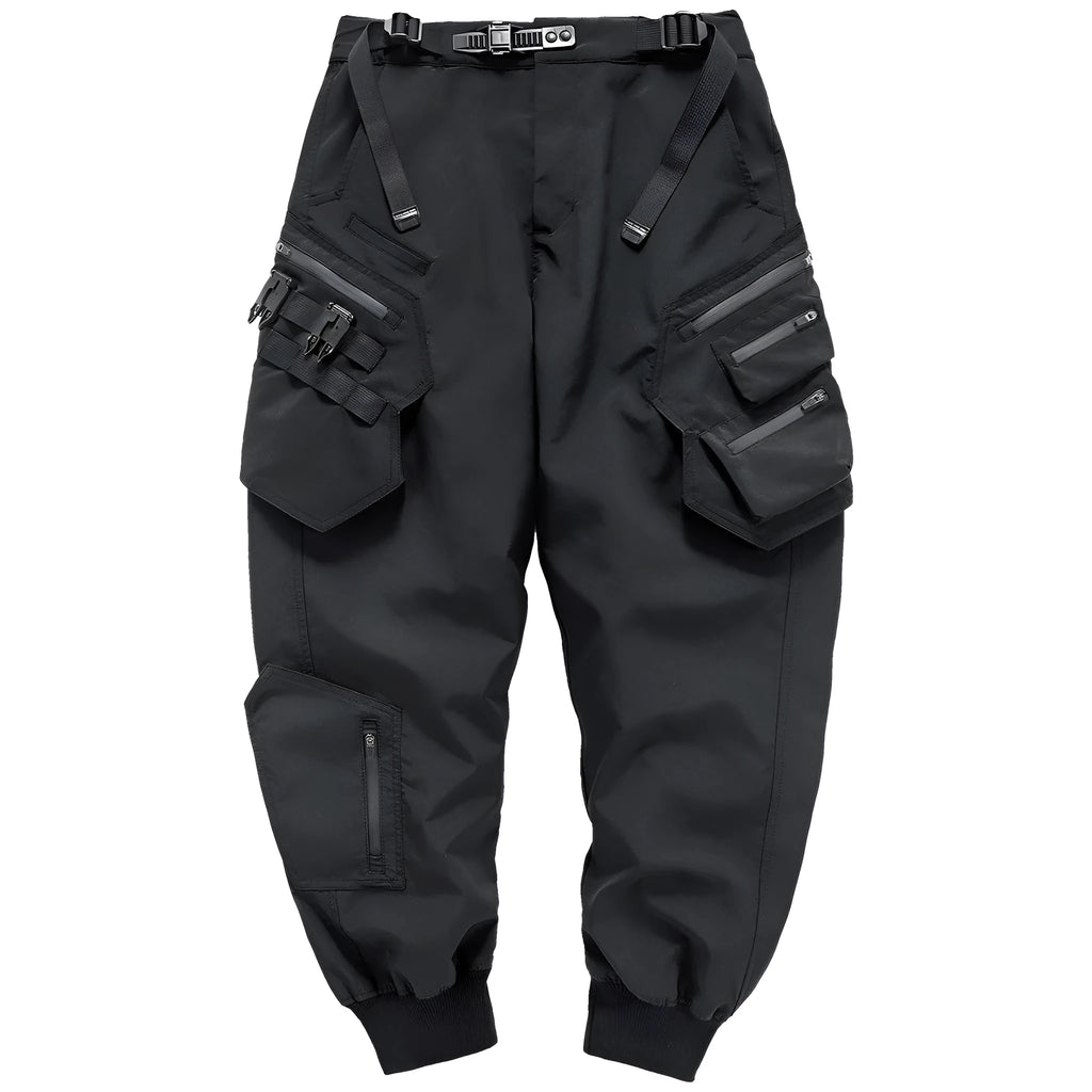 Men's black multi pocket parachute pants loose fit with mid waist and wrinkle-resistant polyester fabric