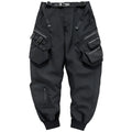 Men's black multi pocket parachute pants loose fit with mid waist and wrinkle-resistant polyester fabric
