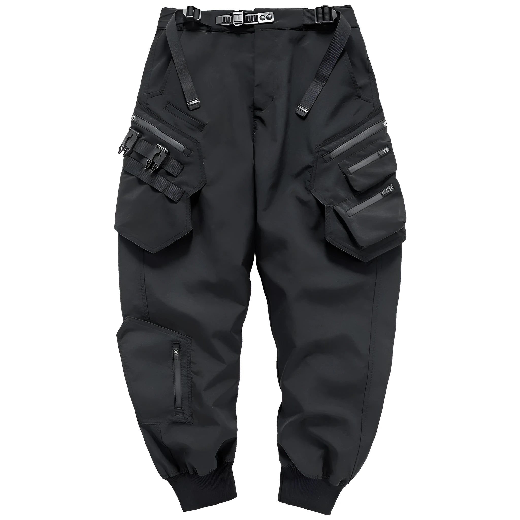 Men's black multi pocket parachute pants loose fit with mid waist and wrinkle-resistant polyester fabric