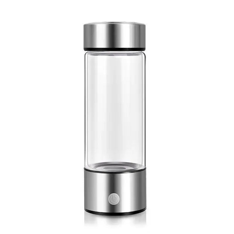 Silver hydrogen water bottle with electric generator and borosilicate glass construction