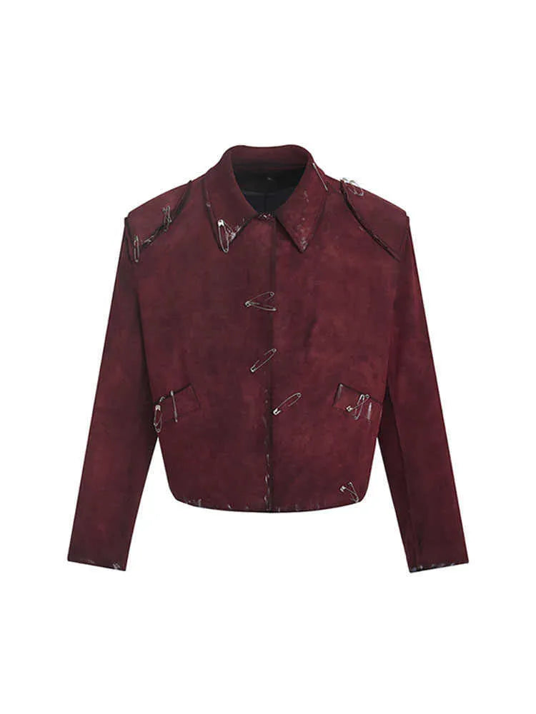 Men's red quilted jacket with decorative flocking pins and lapel collar