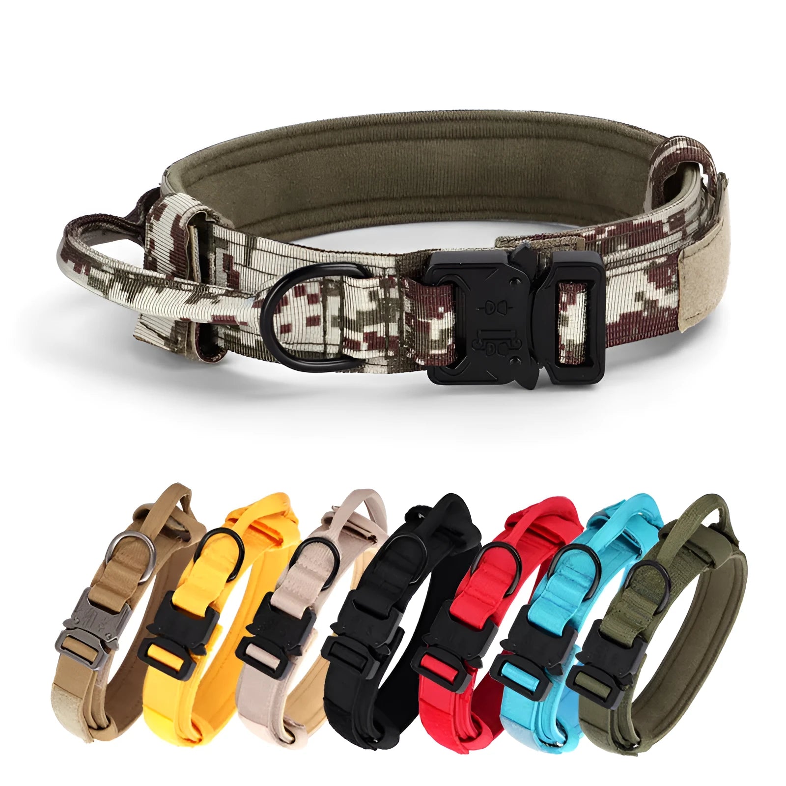 Adjustable military tactical dog collar in nylon webbing with metal buckle, 3.8cm wide, available in multiple colours and sizes