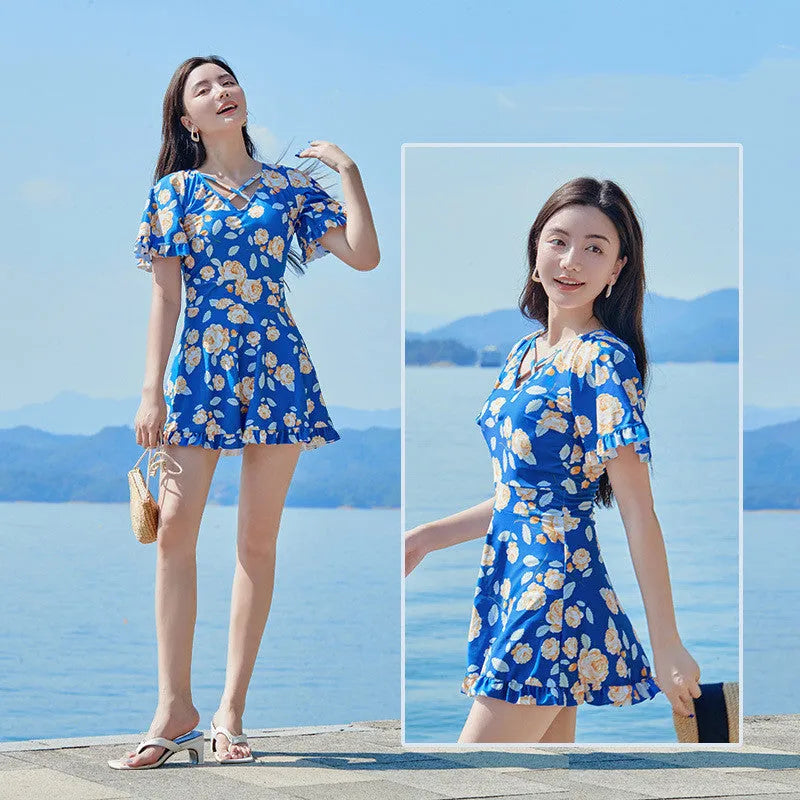 Women's high waist floral print one-piece swimsuit in blue or white pattern