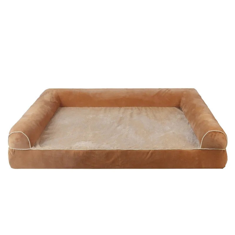 Square dark grey cloth dog bed with sponge filling on a wooden floor