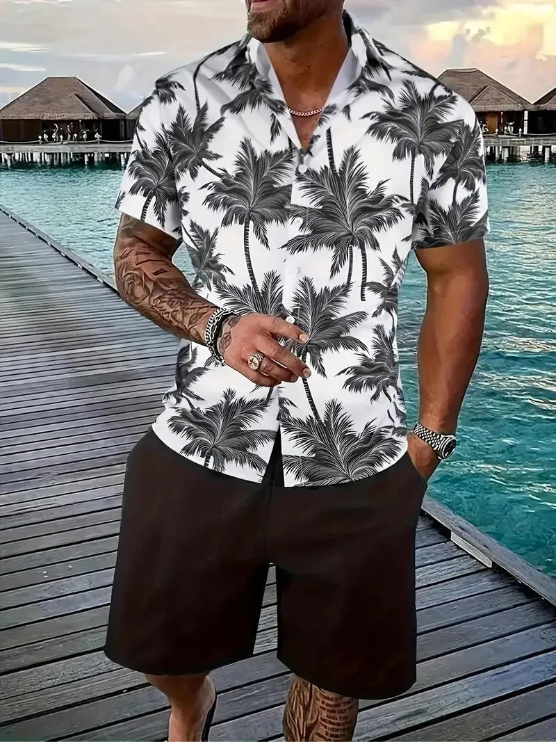 Man wearing a blue Hawaii-themed 3D printed short sleeve shirt and matching shorts.