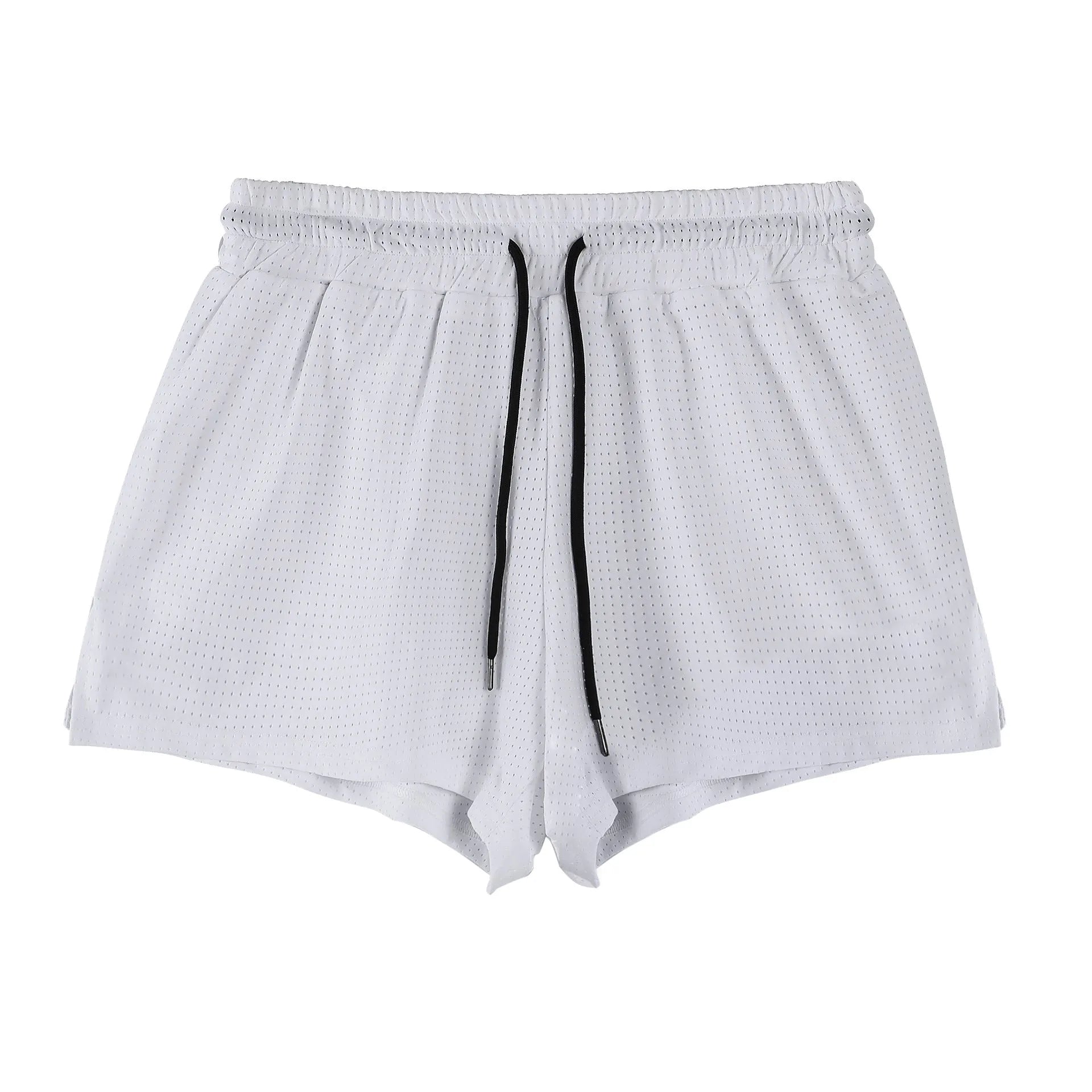 Men's quick-drying nylon shorts in black on a white background, showing mid-waist and short length.