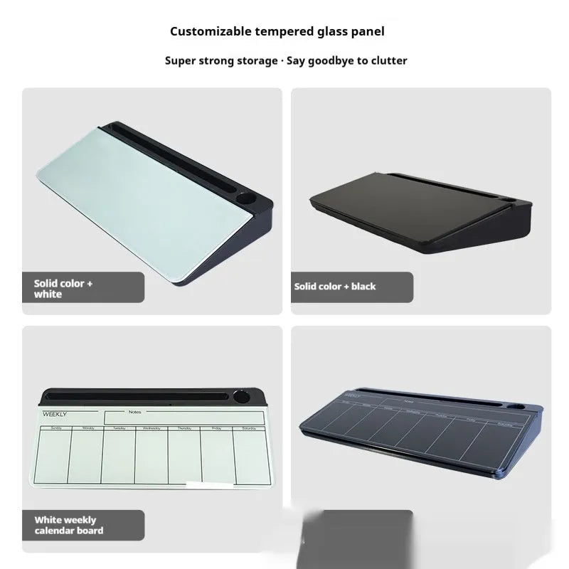 Table top glass whiteboard in black finish measuring 18x40cm with dry-erase marker