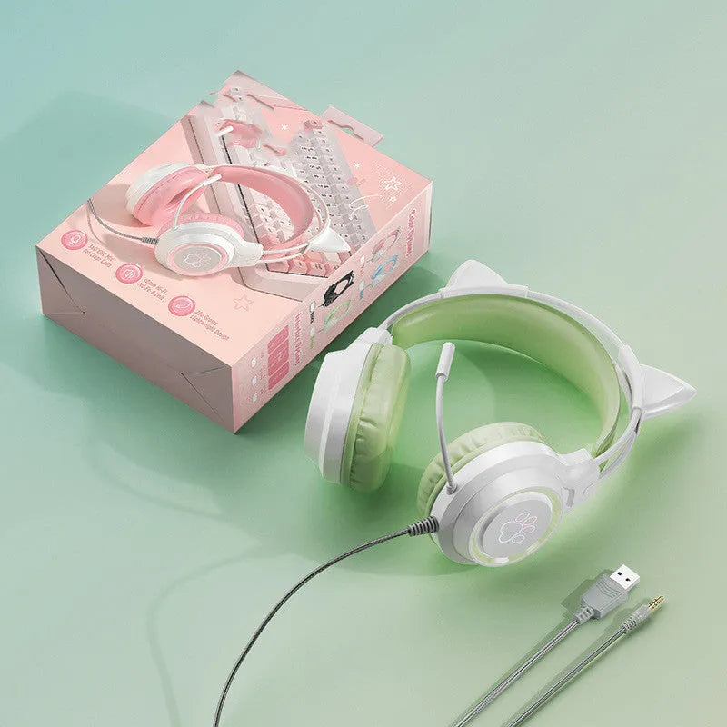 Pink cat ear glow esports headphones with protein cotton earmuffs and woven cable on a black background