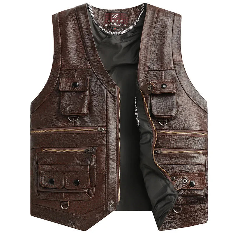 Men's first layer cowhide leather vest with V-neck and zipper front, dark brown or black, sizes 170 to 190