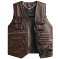 Men's first layer cowhide leather vest with V-neck and zipper front, dark brown or black, sizes 170 to 190