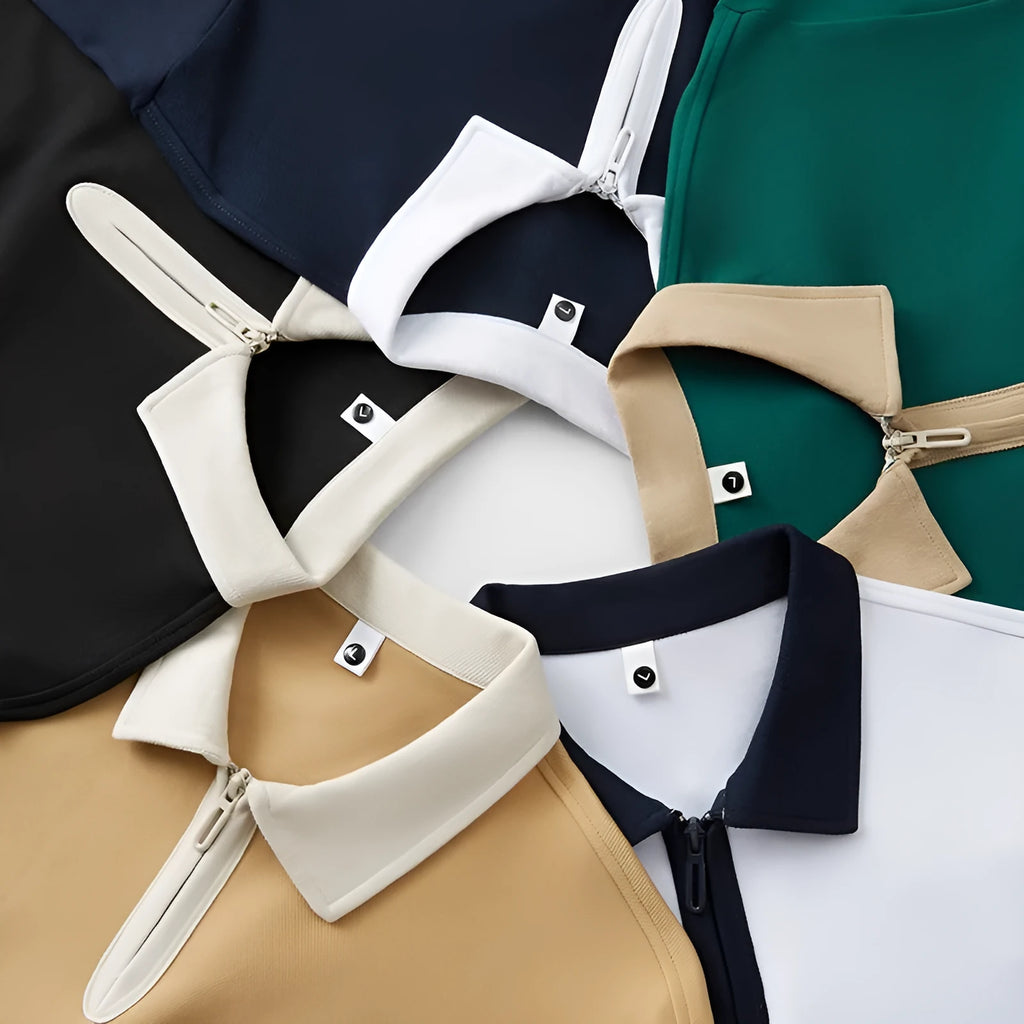 Men's loose fit zipper polo shirt in nylon fabric with short sleeves and lapel collar.