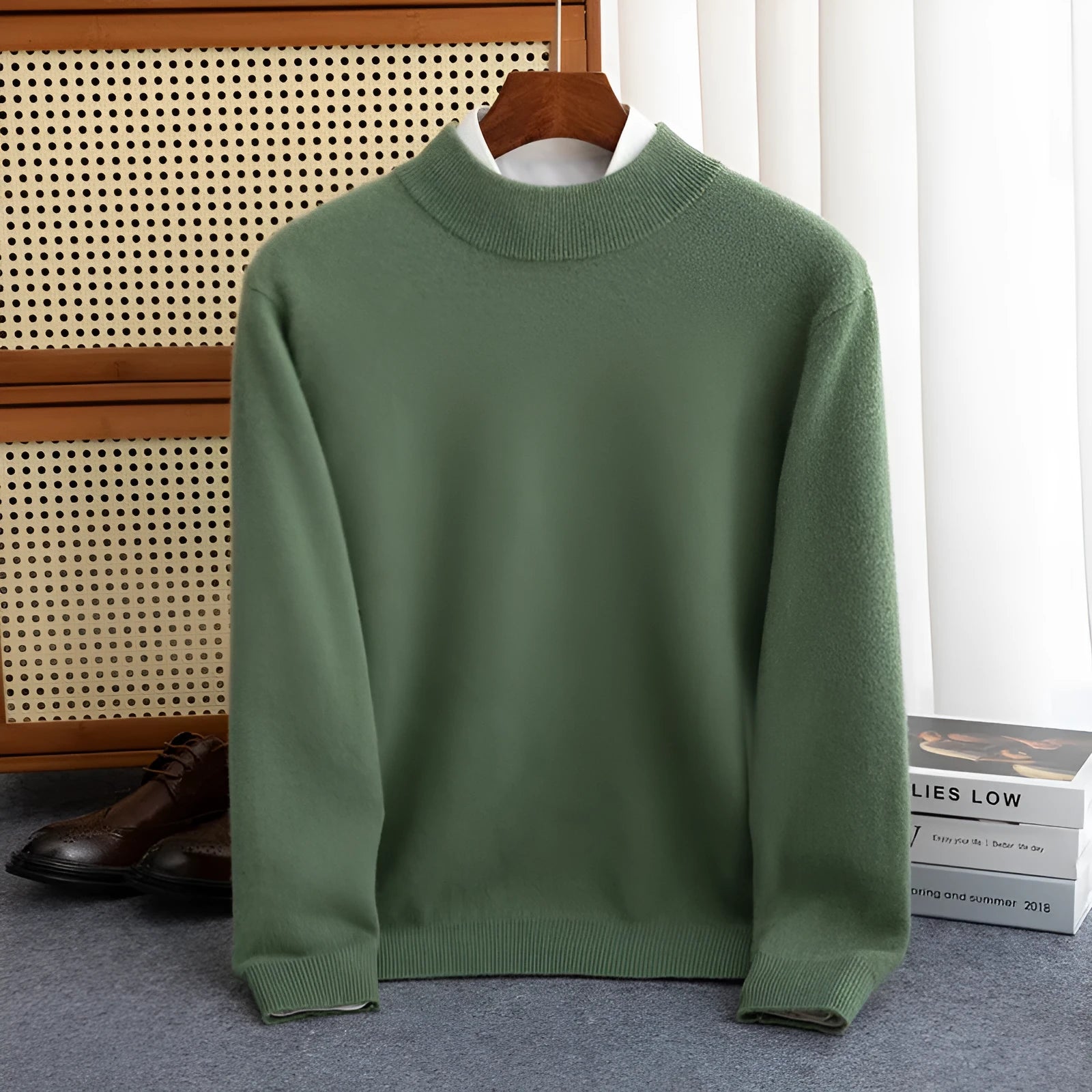 Men's loose-fit half-collar wool sweater in coarse knit yarn, shown in a camel colour.