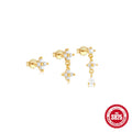 S925 sterling silver geometric zircon tassel earrings in gold tones, 3-piece set for women