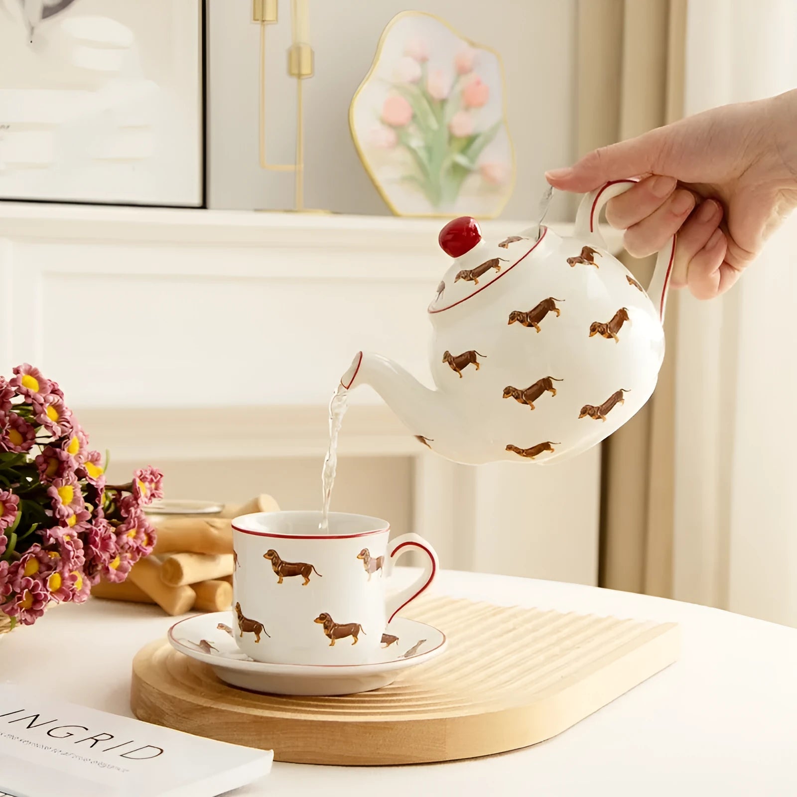 Ceramic pastoral sausage dog tea set with teapot mug and cup on saucer