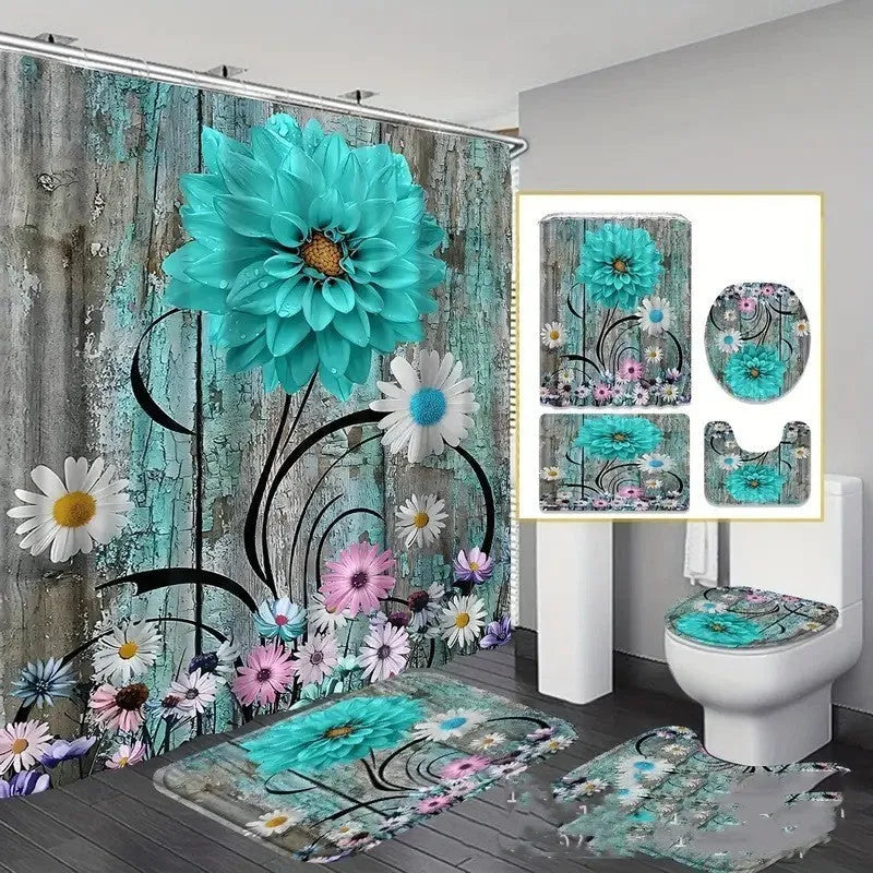 Printed waterproof polyester shower curtain 180x180cm four-piece set in style 001