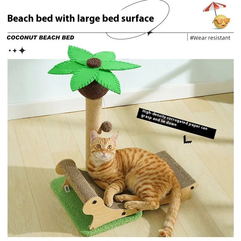 Wooden beach chair-shaped cat climbing frame with a built-in scratch board and a hemp-wrapped column.
