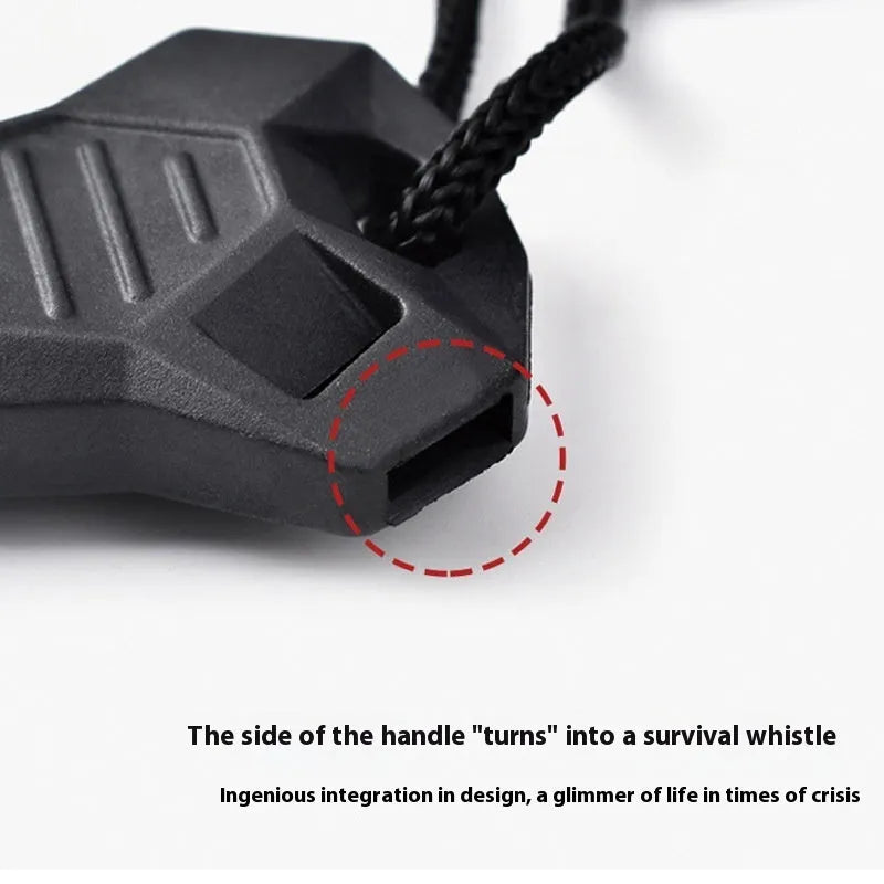 Black outdoor multifunctional survival flint with magnesium rod and stainless steel scraper tool.