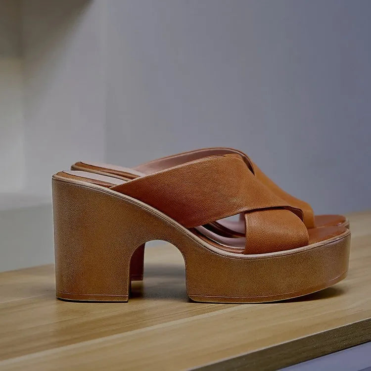 Summer casual retro chunky heel Roman sandals in genuine sheepskin leather, brown colour, side view
