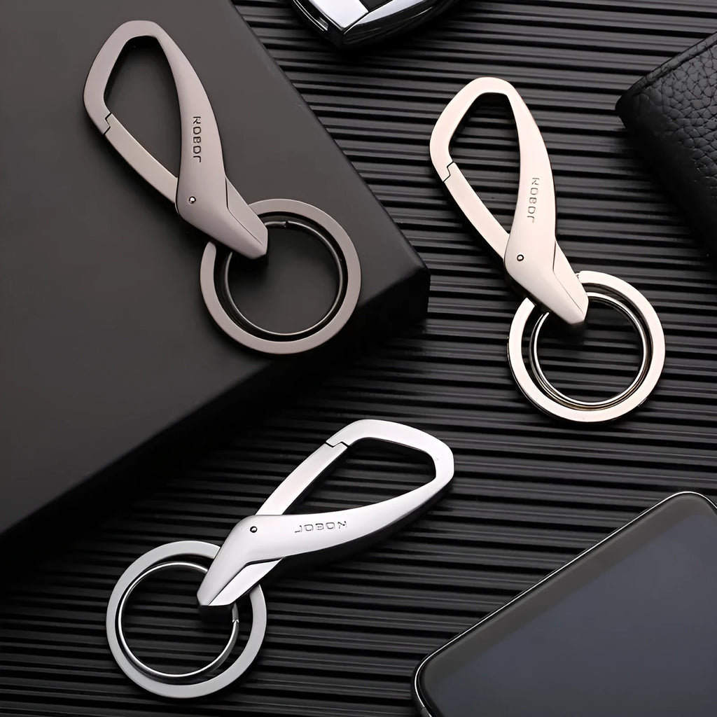 Zinc alloy double ring keychain for car keys in black, chrome, and nickel finishes.