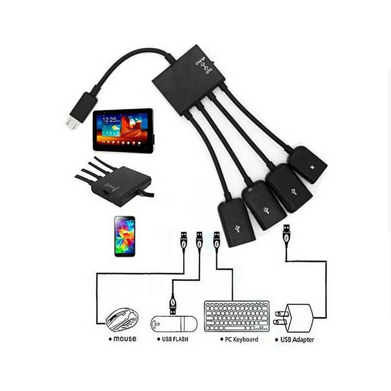 Black Micro USB OTG one-to-four adapter with charging switch, 0.25m cable, for Android phones and tablets.