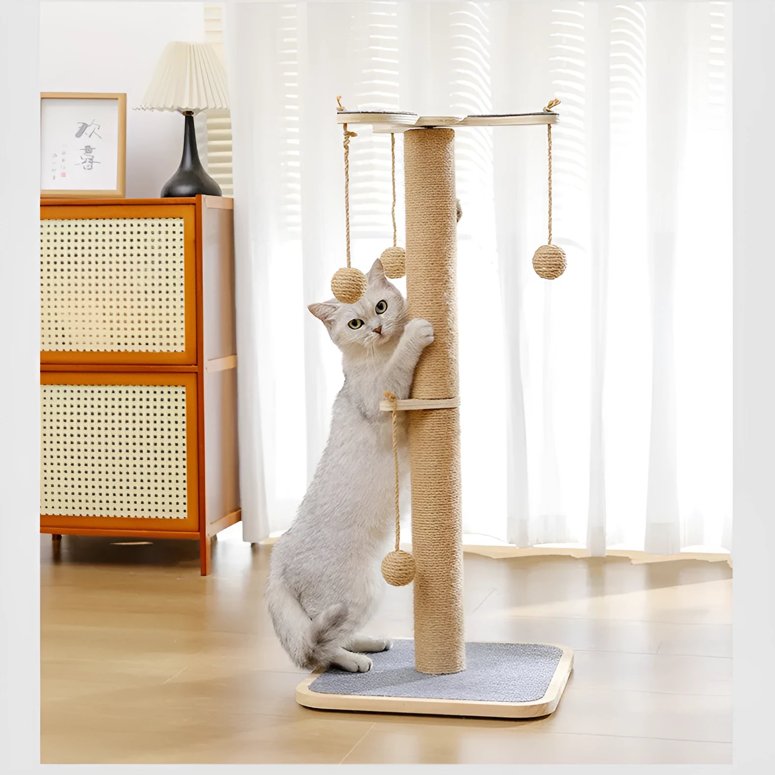 Windmill design cat climbing frame toy with a scratch-resistant chip hanging ball.