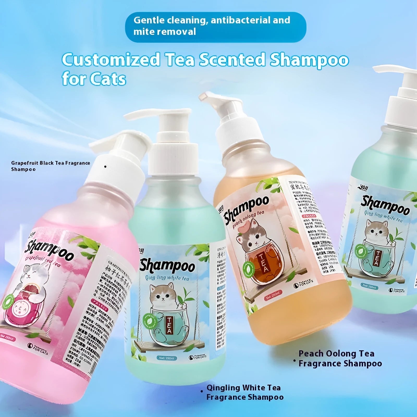 Cat universal bath lotion shampoo 280ml in three tea fragrances for anti-mite and deodorisation