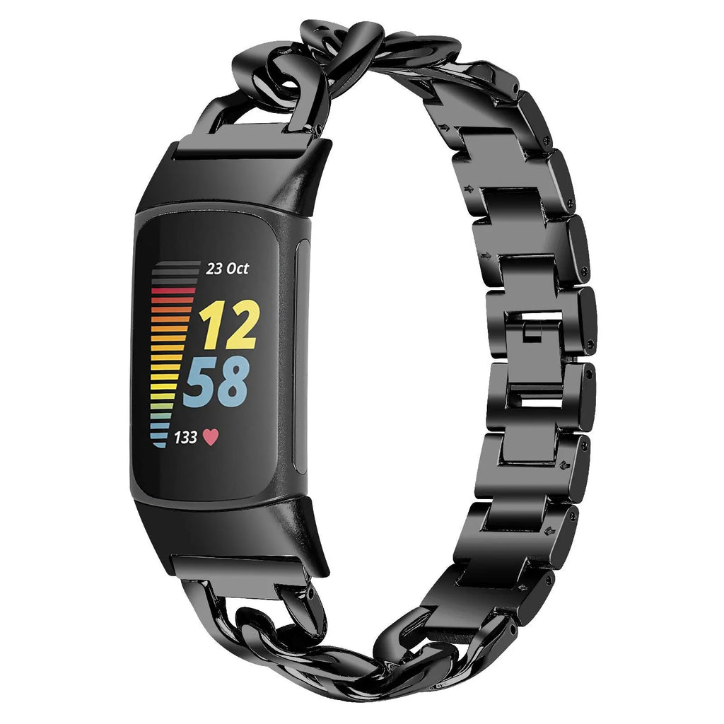 Metal replacement strap for Fitbit Charge 6 smart watch with snap button closure in silver finish