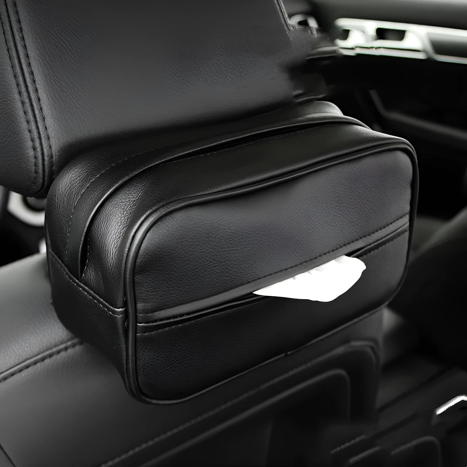 Black leather hanging storage box with a zip and PU strap, shown next to a beige medium sized box.