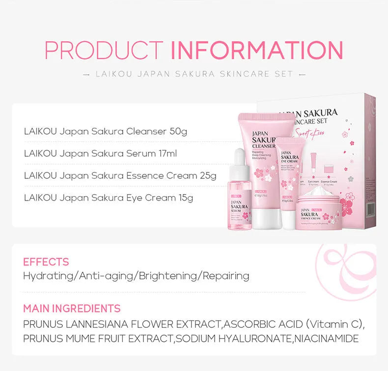 Sakura 4-piece skincare set with cleansing essence eye cream and face cream for hydrating moisturising