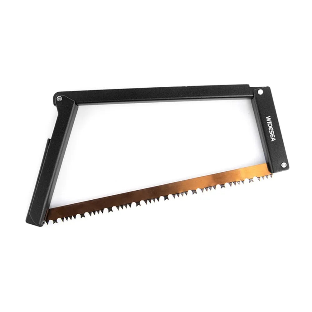Black foldable outdoor survival saw with aluminium alloy frame and nylon handle.