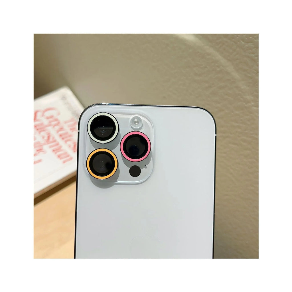 Tempered glass luminous lens protector for iPhone 14 Pro three holes, HD clarity, yellow blue pink colour