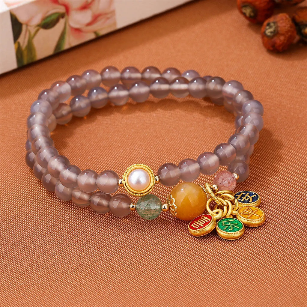 Handmade natural gray agate women's bracelet with two-circle retro design and safe happy charm