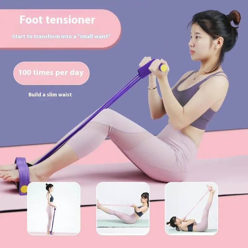 Yoga four piece set showing leg stretching device, yoga ring, pedal tensioner and figure eight tension rope