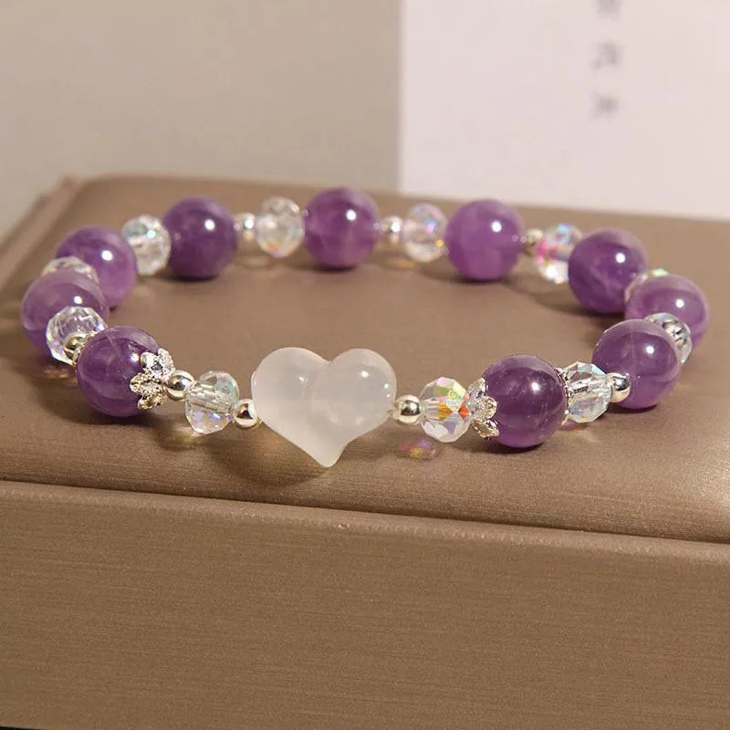 Natural amethyst bracelet with white agate love heart crystal beads light luxury women's accessory