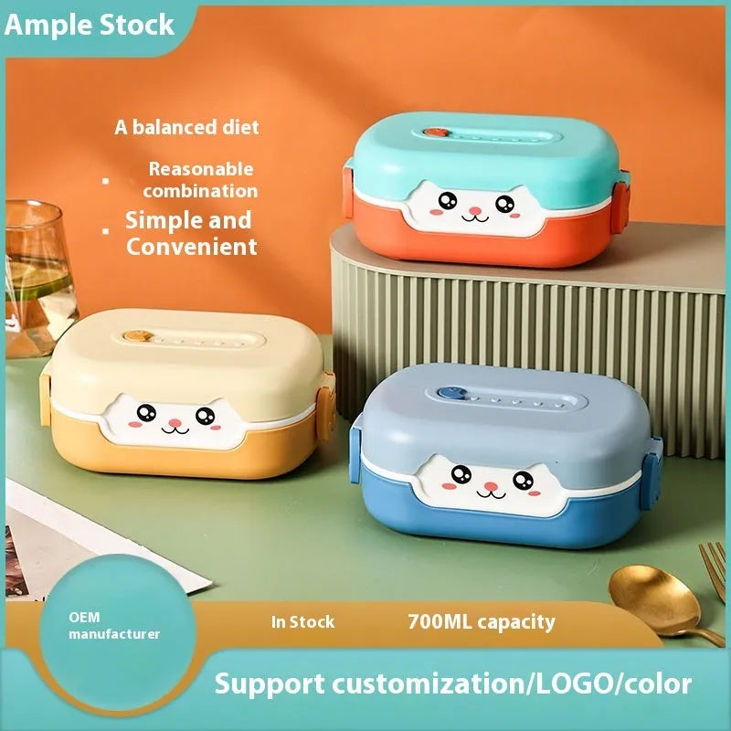 Square plastic divided lunch box in solid colours with cartoon design