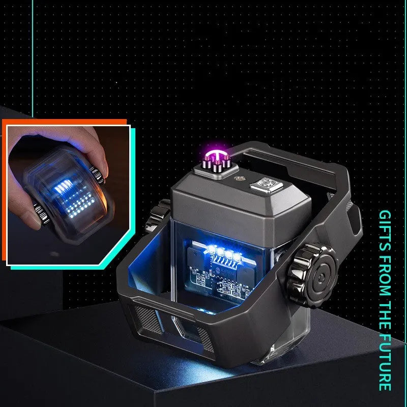Pulse Lighter showing windproof double arc, USB-C port, and mechanical gyroscope in folded and open positions.