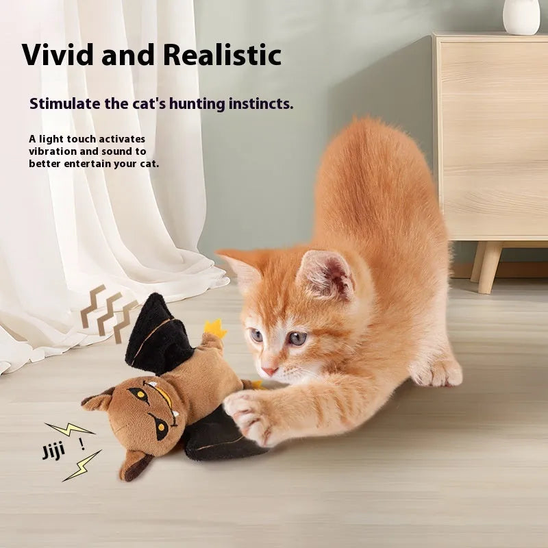 Rechargeable pet electric sound cat plush toy with swing wings in Halloween bat style