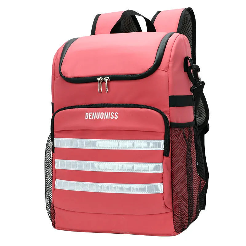 Insulated 20L beer backpack with shoulder-mounted bottle opener in black, blue, pink, or red