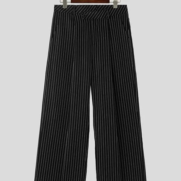 Men's black vertical striped pleated casual trousers showing elastic fabric detail