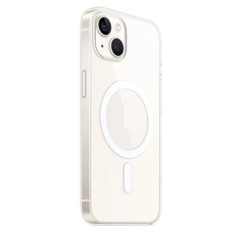 Transparent magnetic hard-shell back cover case for iPhone on a magnetic car vent mount.