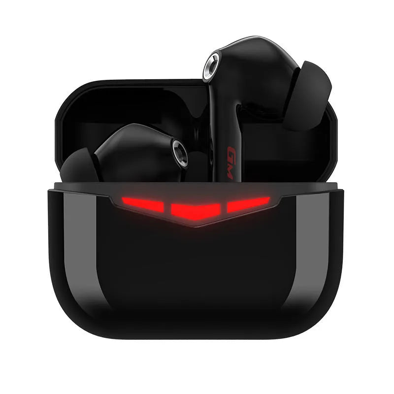 True wireless black in-ear Bluetooth gaming earbuds with charging case and silicone earmuffs.