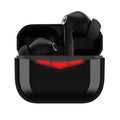 True wireless black in-ear Bluetooth gaming earbuds with charging case and silicone earmuffs.