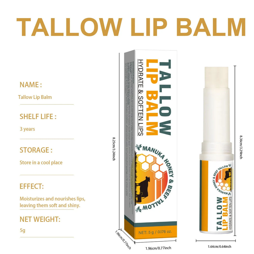 Tallow lip balm stick measuring 83mm by 19mm containing 5 grams of natural balm