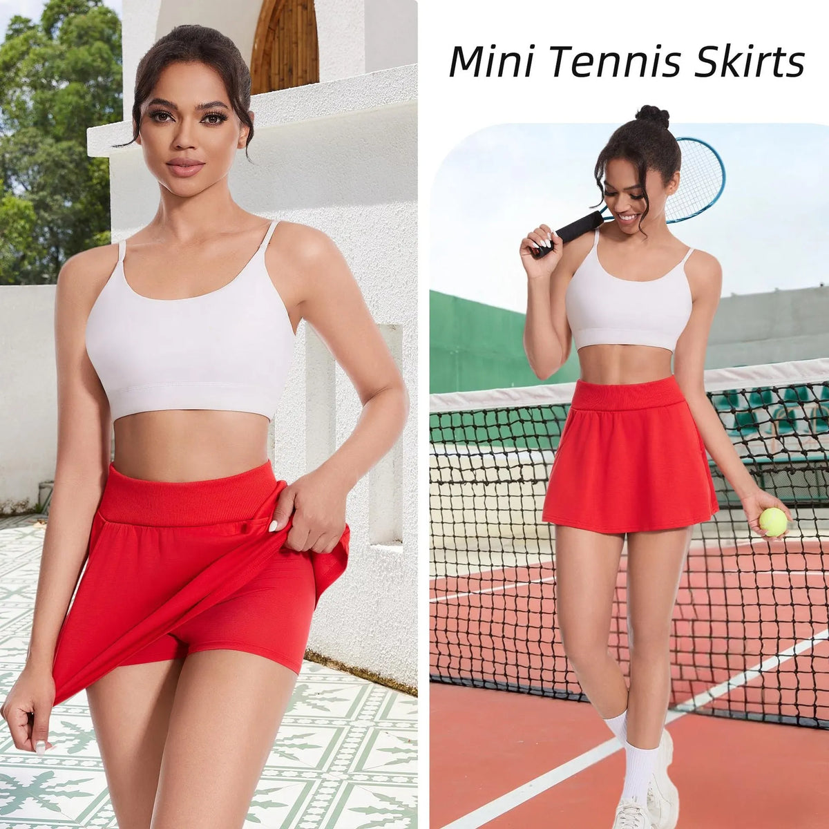 Women's high waist yoga sports tennis skirt in solid colour, cotton blend with milk silk lining, six colours, sizes XS to XL