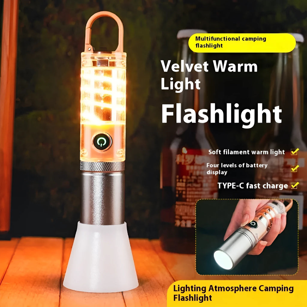 Orange and beige multifunctional flashlight with keychain hook and optical zoom function