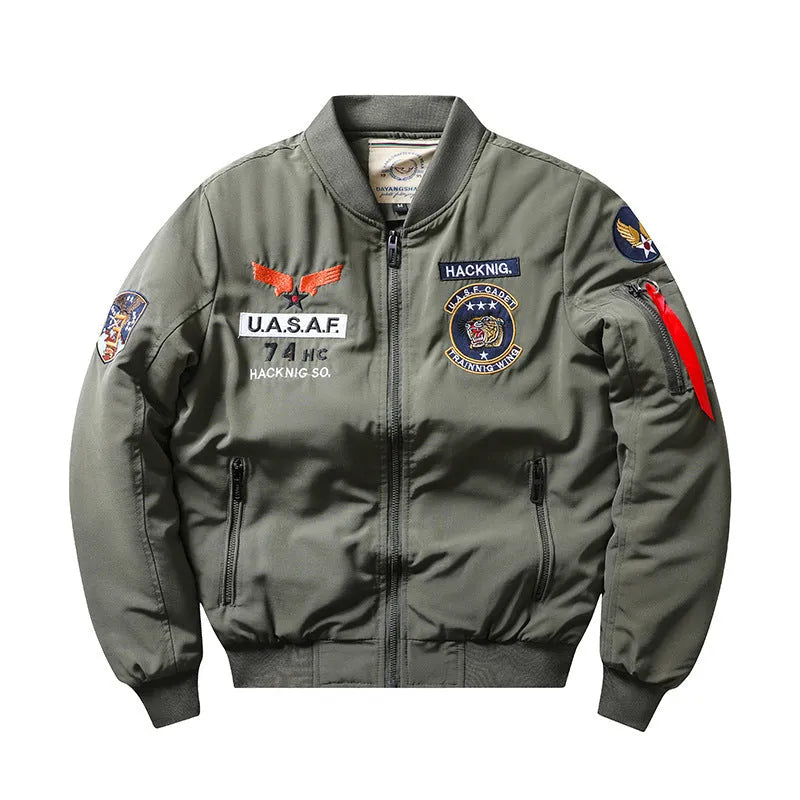 Men's slim-fit stand collar cotton-padded coat in blue, shown with embroidery and patch pockets.