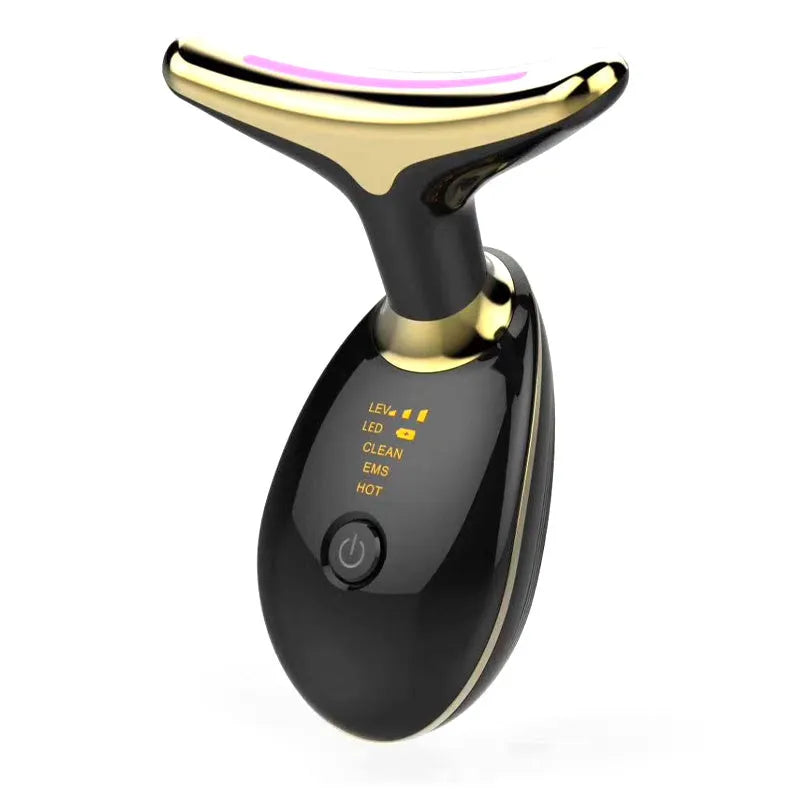 White EMS thermal neck lifting massager device with LED lights and charging cable