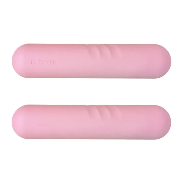 Silicone non-slip edging on a hand-drawn cast iron dumbbell stick in various colours and weights.