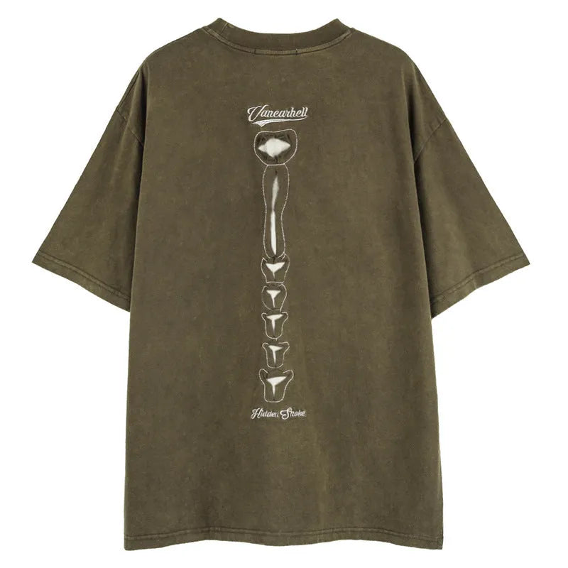 Black loose fit cotton t-shirt with a skull and letter graphic print, drop shoulder sleeves.
